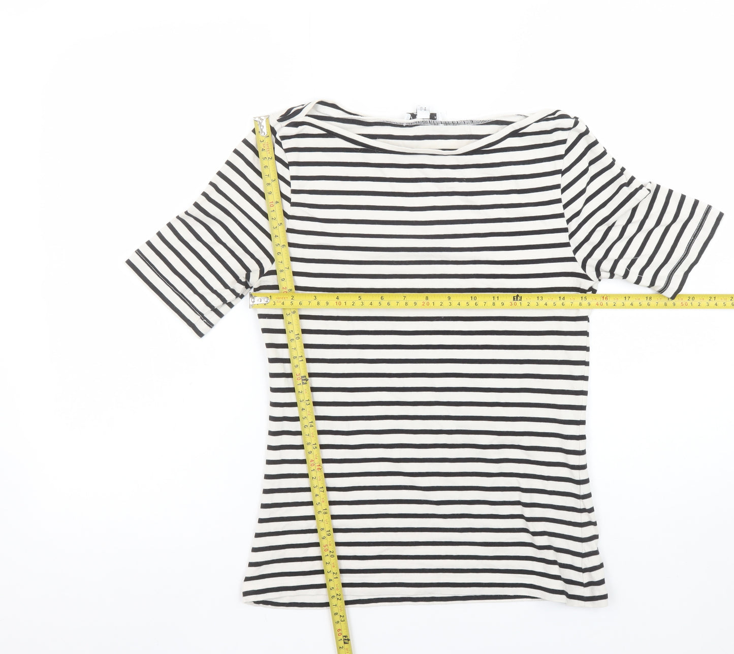 Warehouse Women’s Black White Striped Boat Neck Cotton T-Shirt Size 10