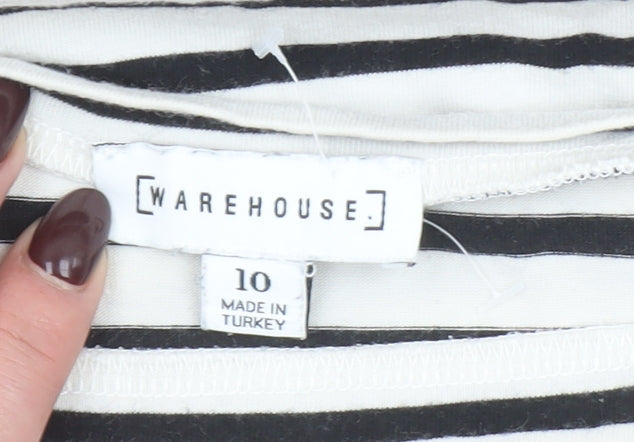 Warehouse Women’s Black White Striped Boat Neck Cotton T-Shirt Size 10