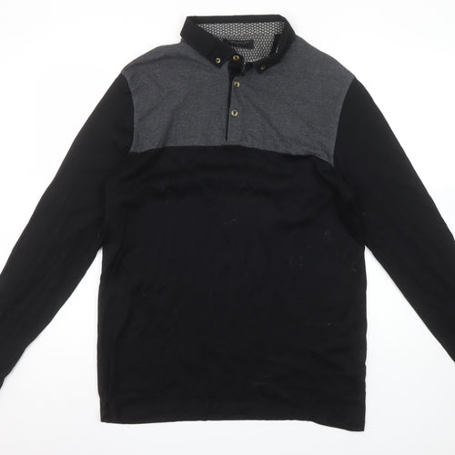 Authentic Casual Wear Men’s Black Grey Long Sleeve Polo Shirt L 100% Cotton
