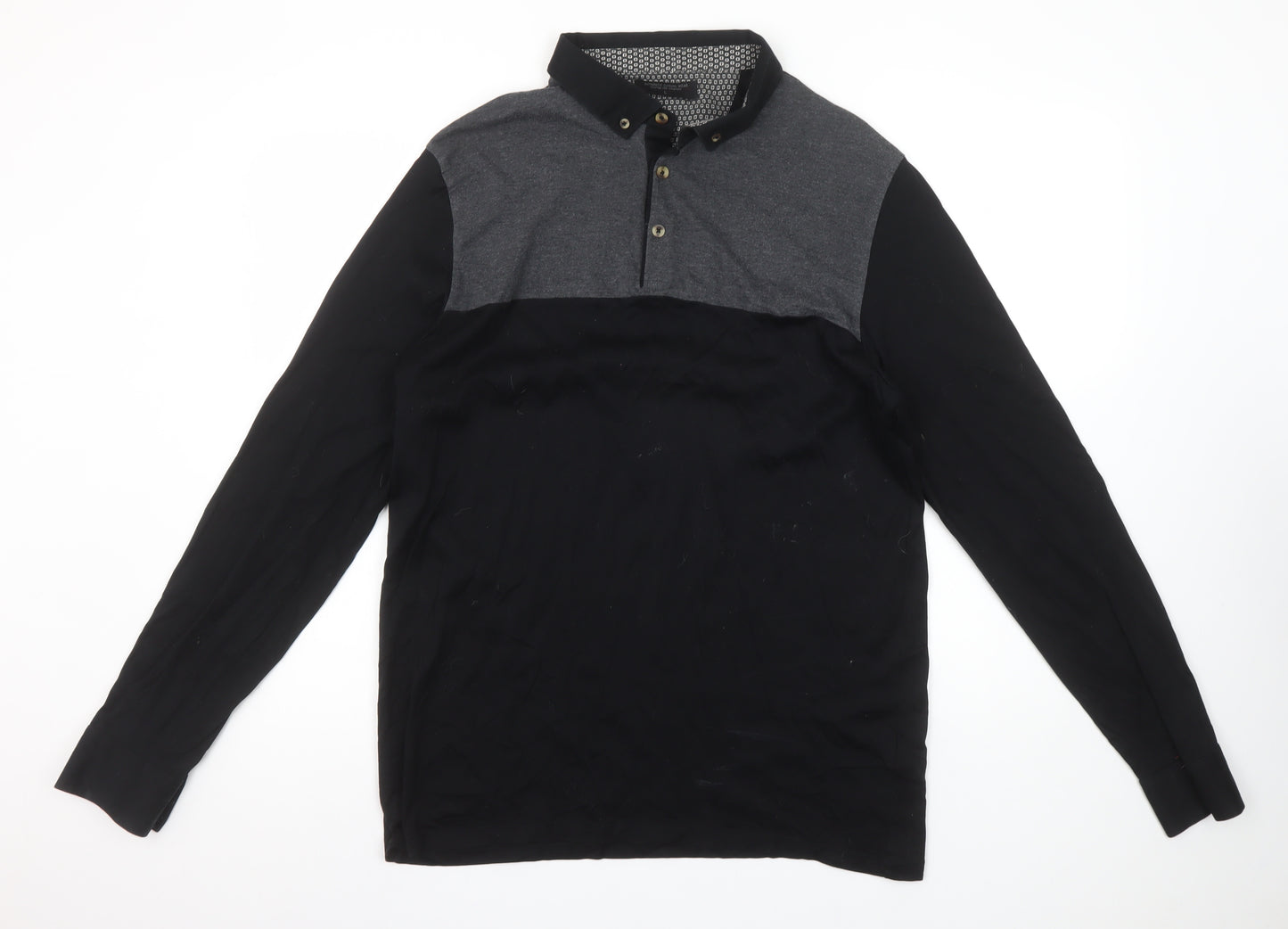 Authentic Casual Wear Men’s Black Grey Long Sleeve Polo Shirt L 100% Cotton