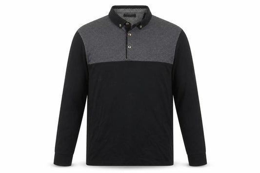Front view of Authentic Men’s Black Grey Long Sleeve Polo Shirt L 100% Cotton
