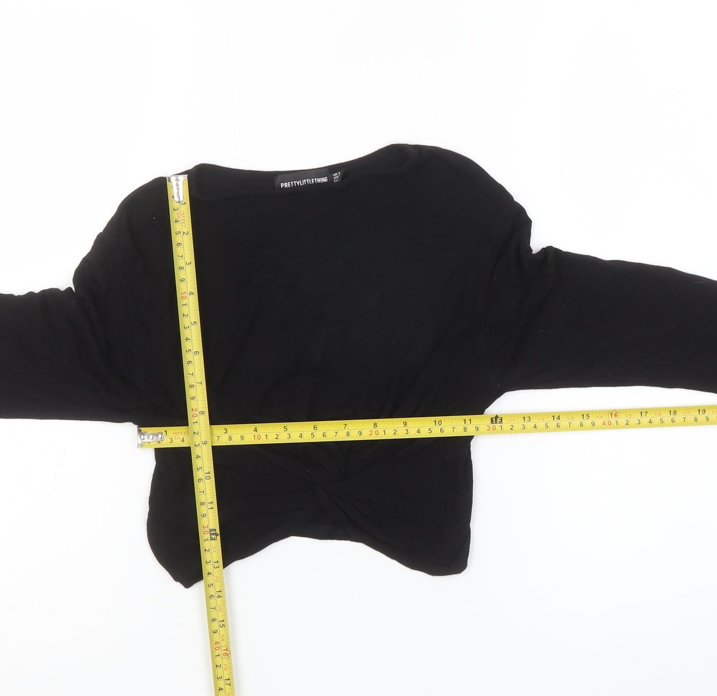 PrettyLittleThing Women’s Black Cropped Long Sleeve Cotton Top Size 8