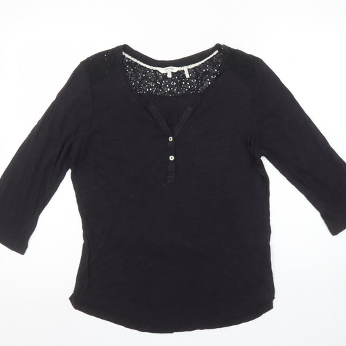 FatFace Womens Black 3/4 Sleeve Henley Lace Detail Top Size 12