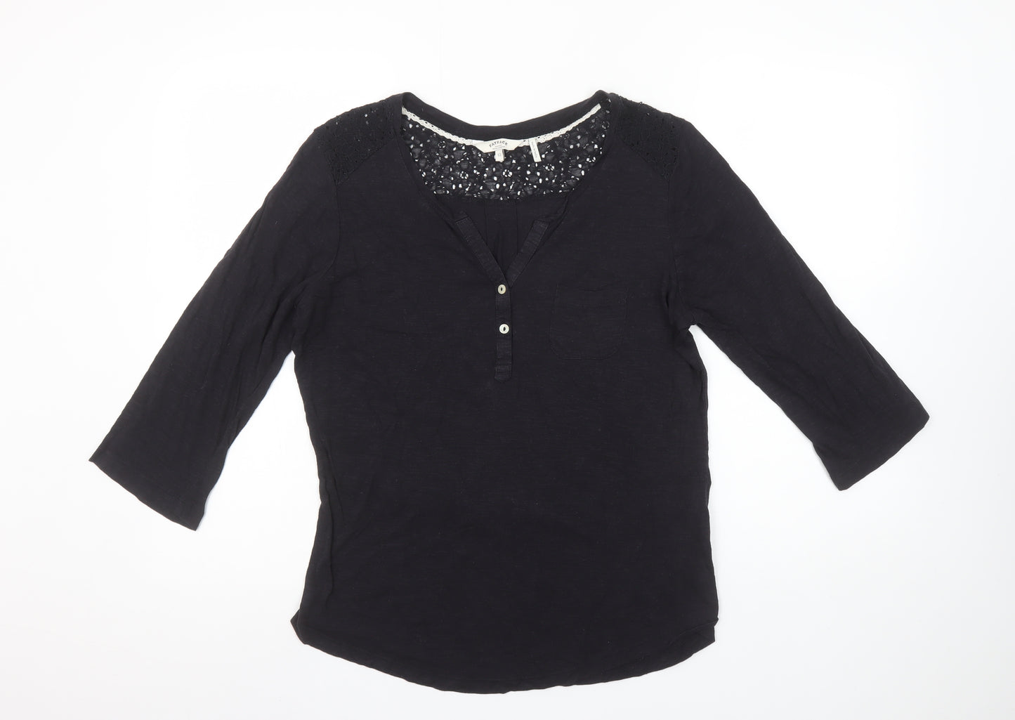 FatFace Womens Black 3/4 Sleeve Henley Lace Detail Top Size 12