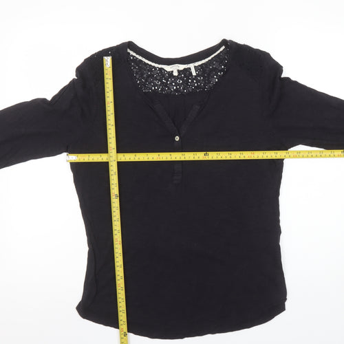 FatFace Womens Black 3/4 Sleeve Henley Lace Detail Top Size 12