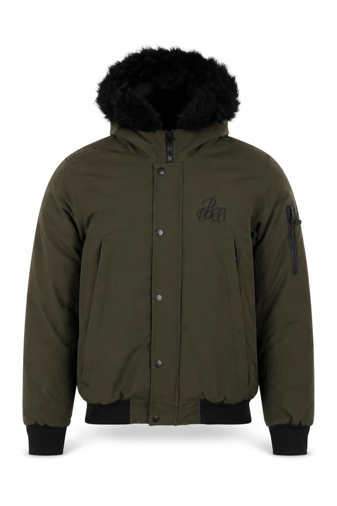 Front view of Bee Inspired Men's Green XS Hooded Bomber Jacket