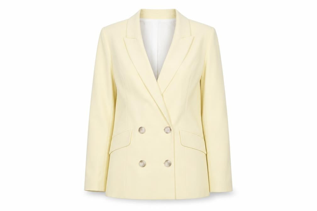 Front view of River Island Women's Beige Double-Breasted Blazer Jacket, size 8