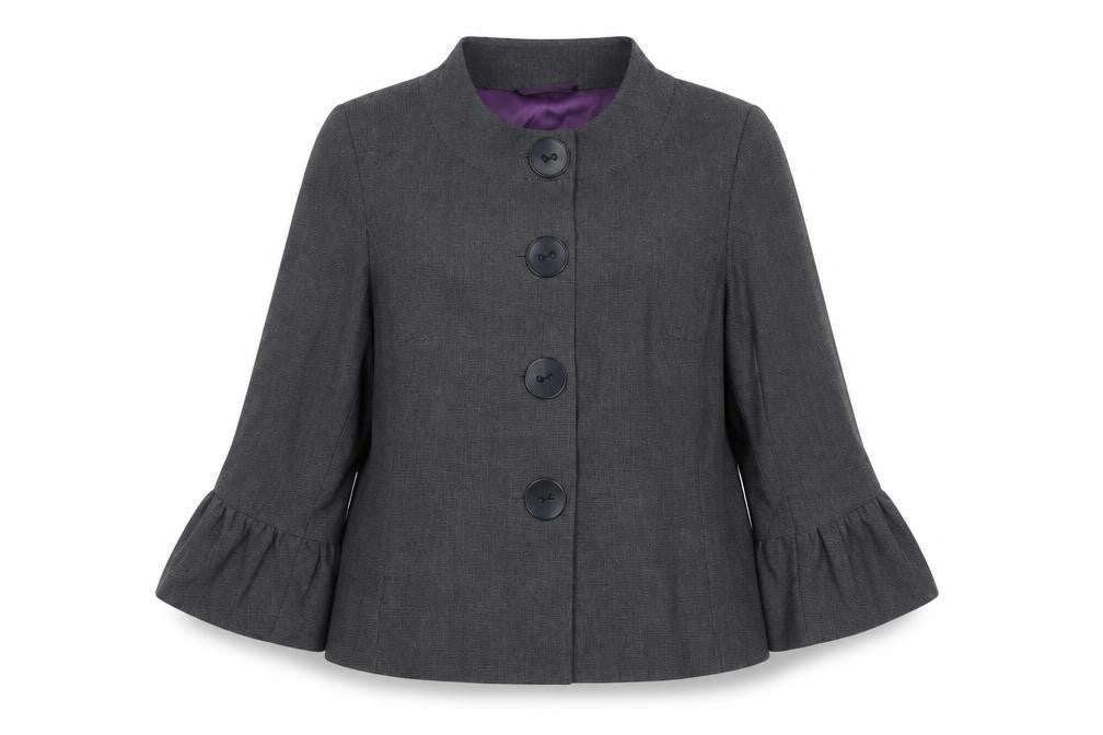 Front view of Amaranto Women's Grey, size 16, Ruffle Sleeve Suit Jacket