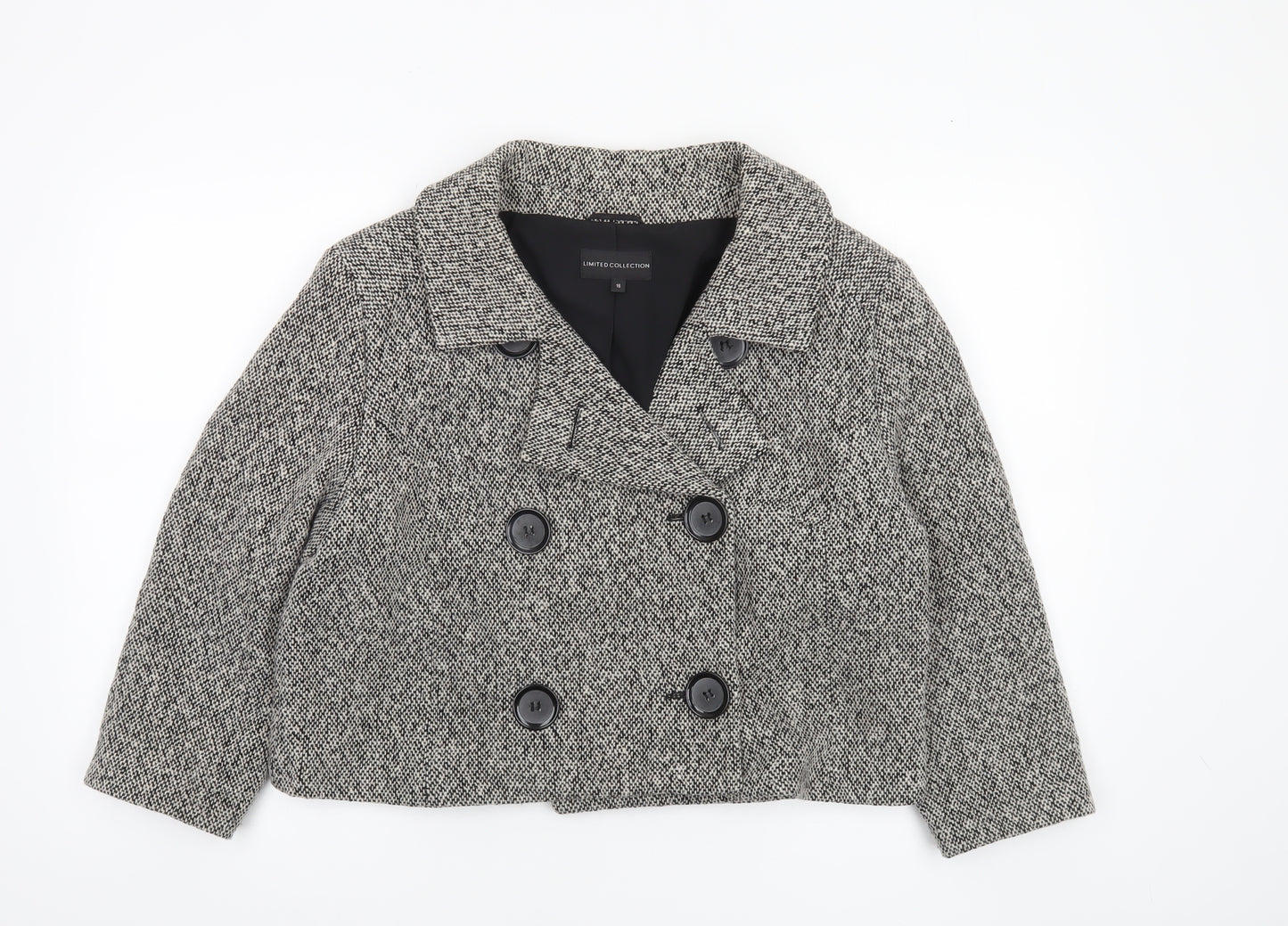 Marks and Spencer Women’s Black and White Wool Blend Double-Breasted Cropped Pea Coat Size 16