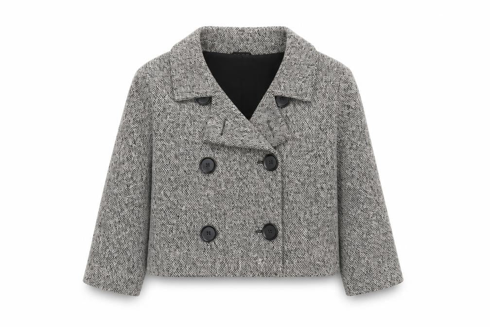 Marks and Spencer Women’s Black and White Wool Blend Double-Breasted Cropped Pea Coat Size 16