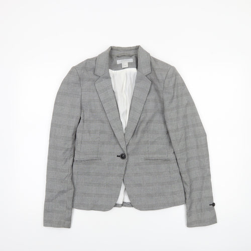 H&M Women Grey Check Blazer Size 8 Single-Breasted Tailored Jacket