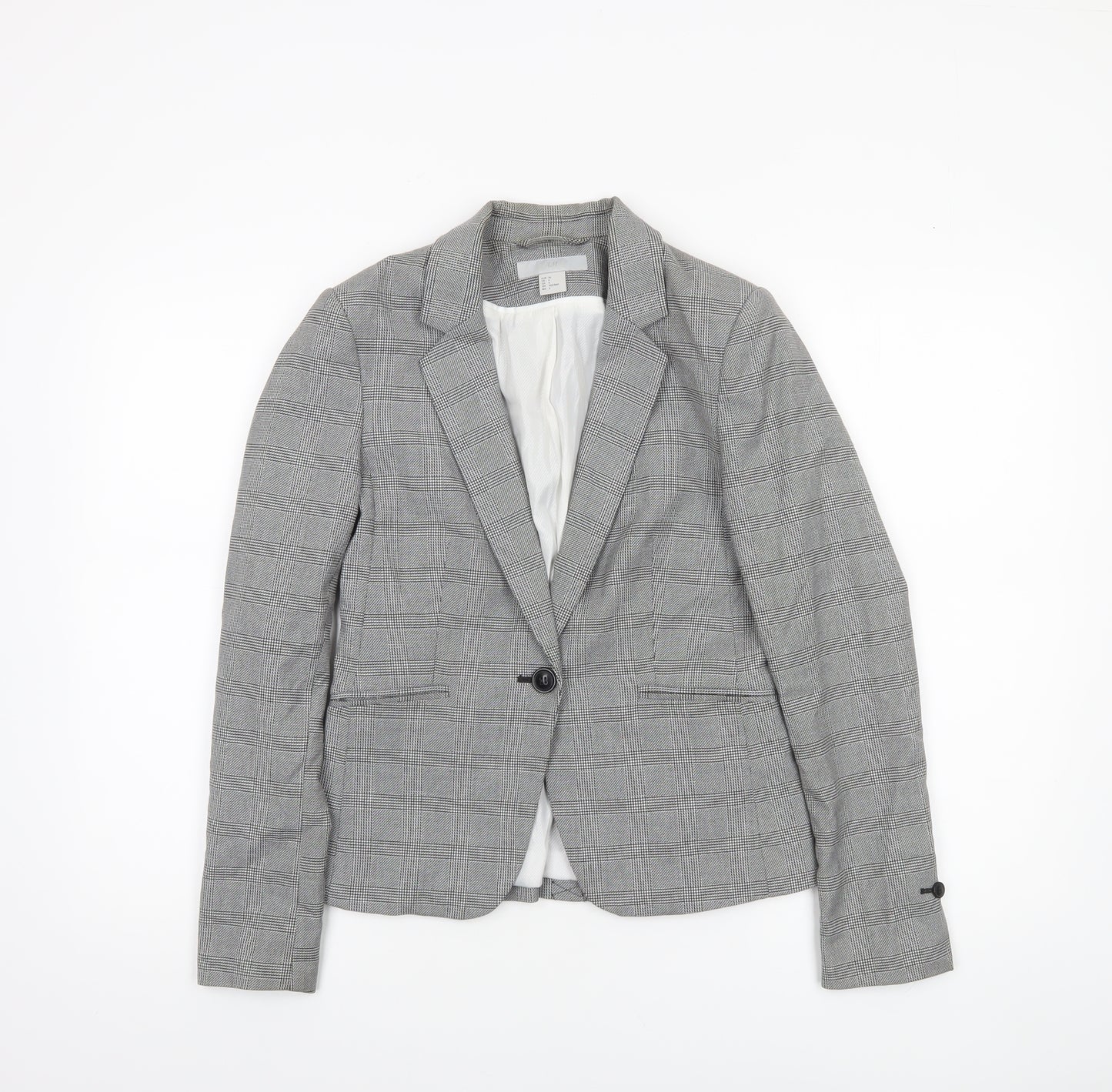 H&M Women Grey Check Blazer Size 8 Single-Breasted Tailored Jacket