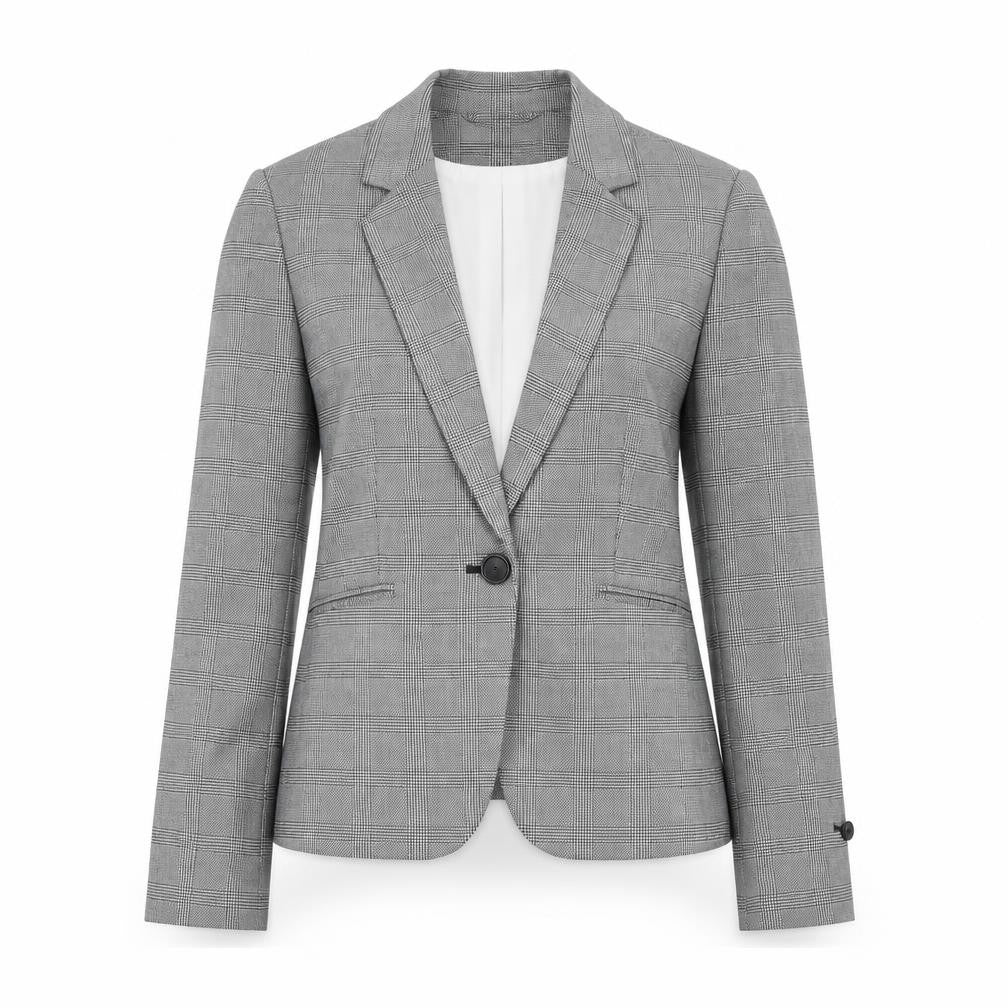 Front view of H&M Women Grey Check Blazer, size 8, Single-Breasted Tailored Jacket