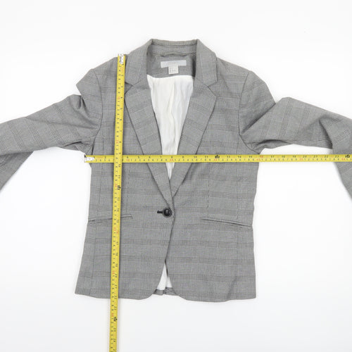H&M Women Grey Check Blazer Size 8 Single-Breasted Tailored Jacket