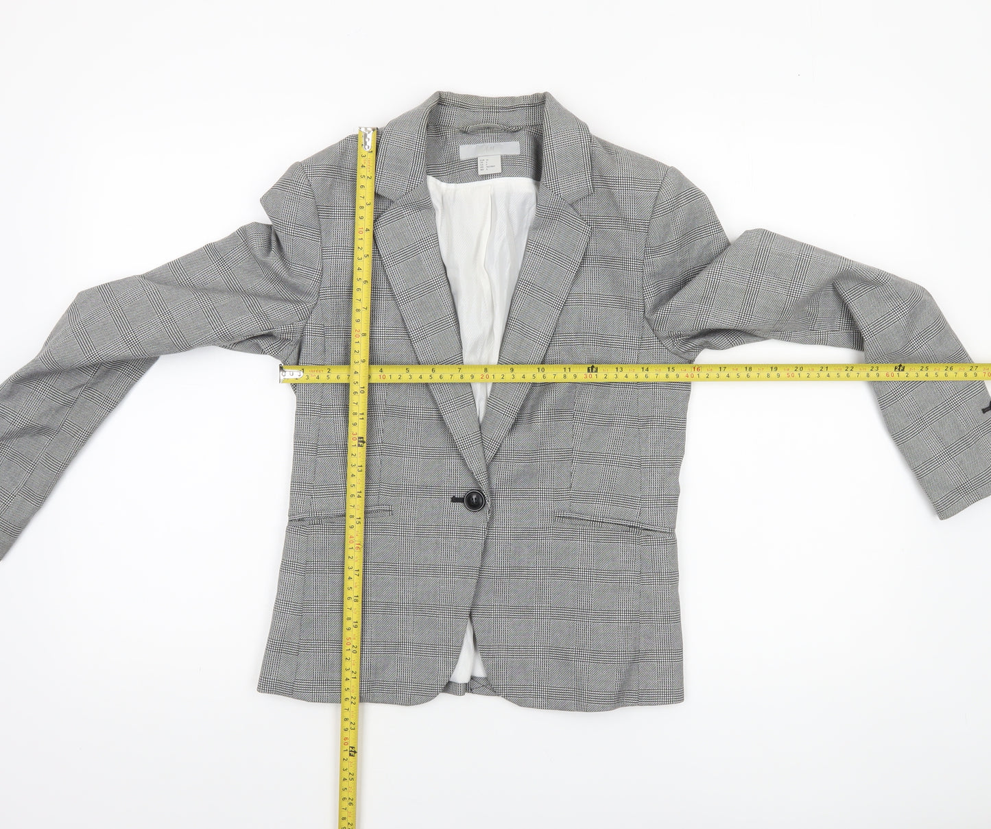 H&M Women Grey Check Blazer Size 8 Single-Breasted Tailored Jacket