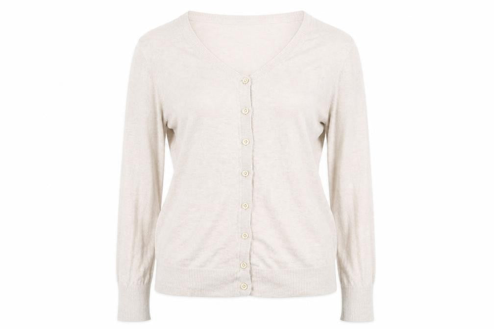 Front view of Gap Women Beige Cotton V-Neck Cardigan Small