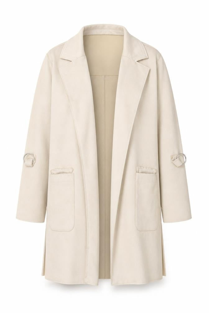 Front view of Bershka women’s beige suede mid-length overcoat xs