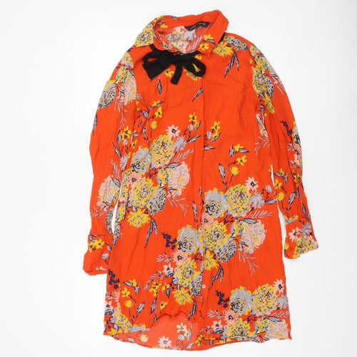 Zara Women Orange Floral Long Sleeve Tunic Blouse Size M