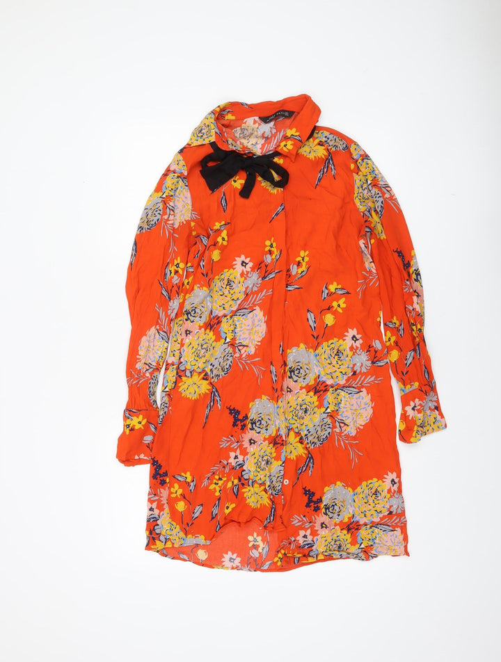 Zara Women Orange Floral Long Sleeve Tunic Blouse Size M
