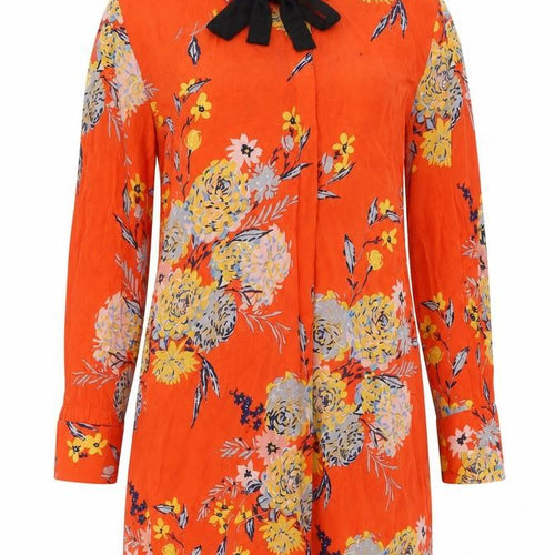 Zara Women Orange Floral Long Sleeve Tunic Blouse Size M