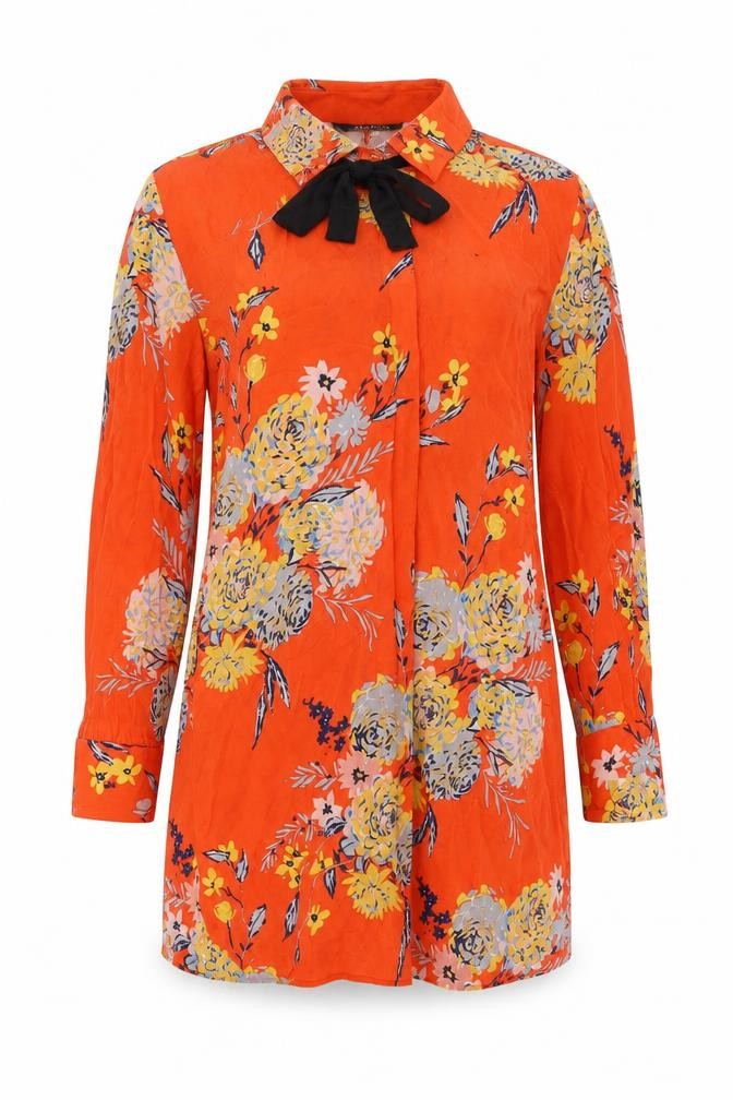 Zara Women Orange Floral Long Sleeve Tunic Blouse Size M