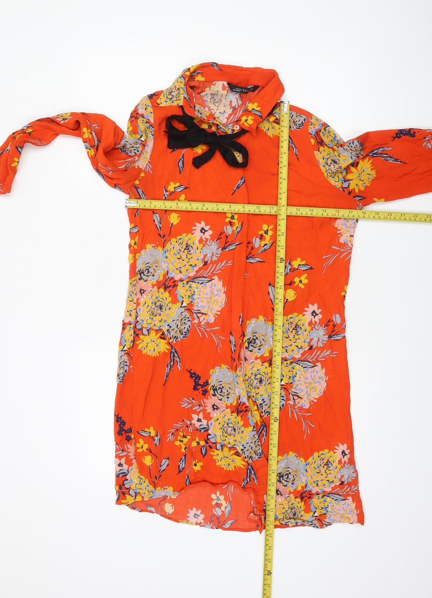 Zara Women Orange Floral Long Sleeve Tunic Blouse Size M