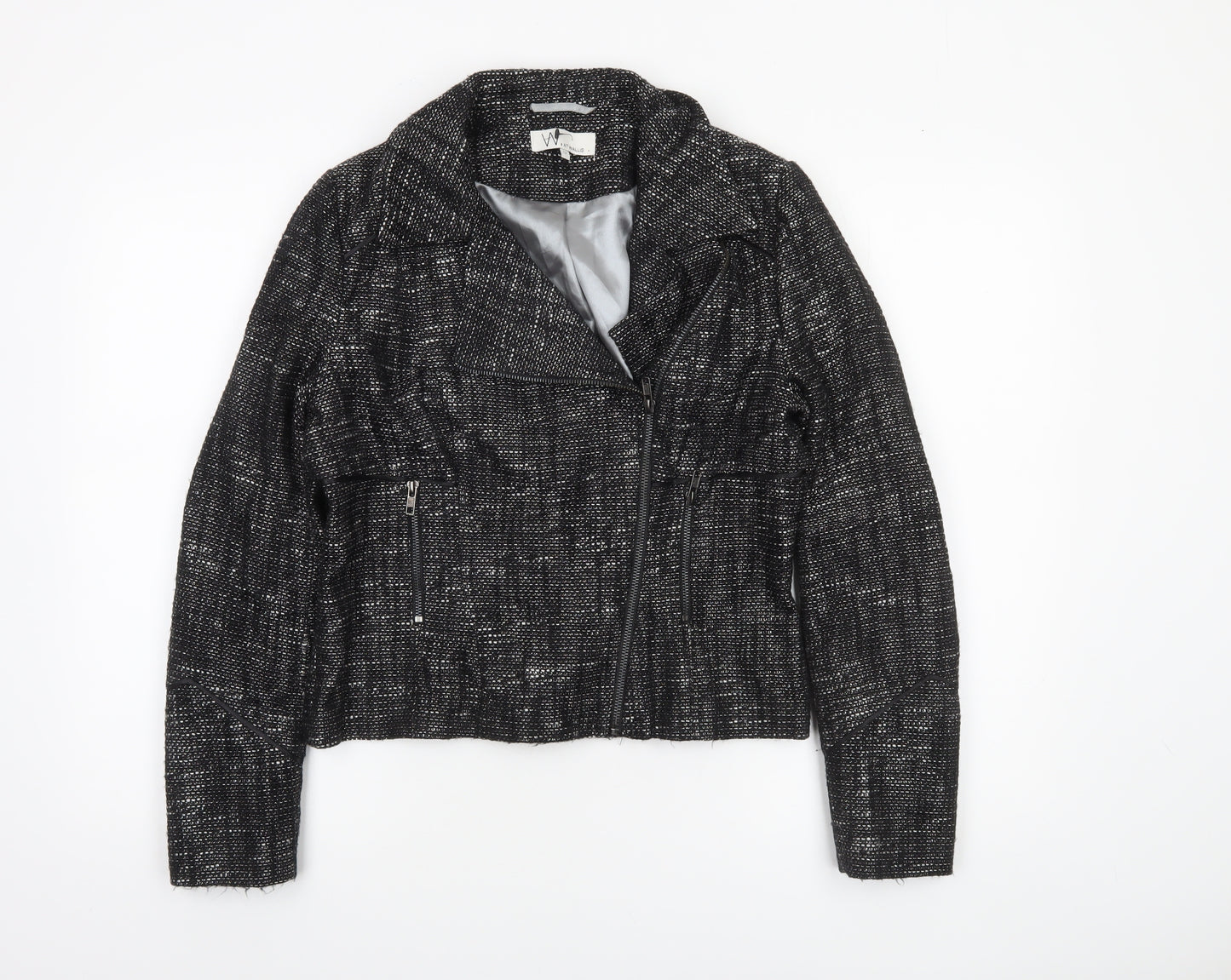 Wallis Womens Black Metallic Tweed Biker Jacket Size 12
