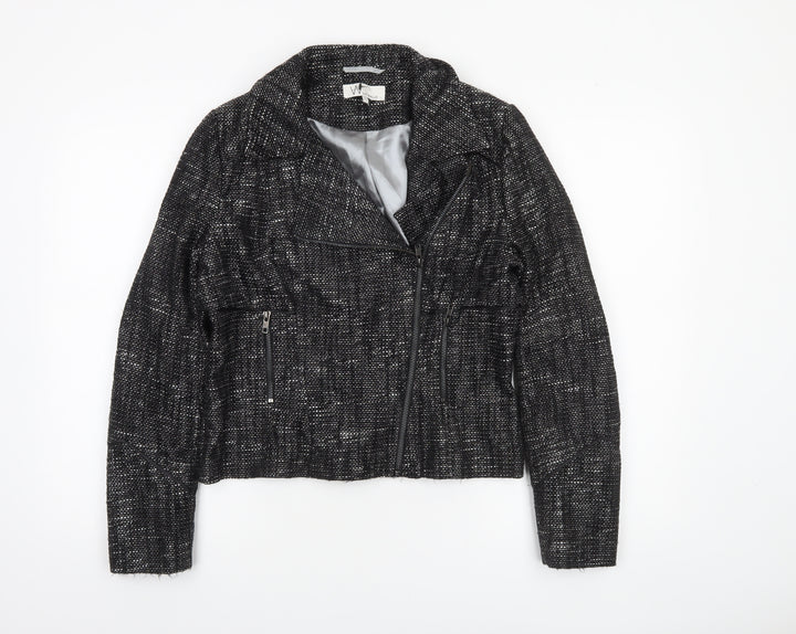 Wallis Womens Black Metallic Tweed Biker Jacket Size 12