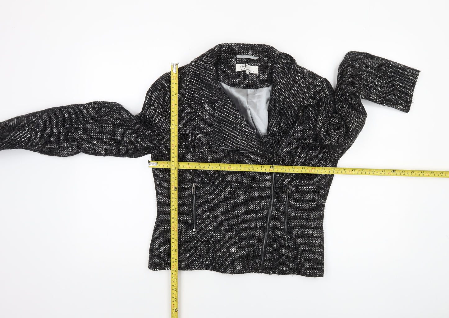 Wallis Womens Black Metallic Tweed Biker Jacket Size 12