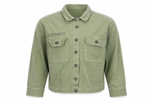 Front view of Pull&Bear women’s green military cotton jacket, size UK 8, regular fit