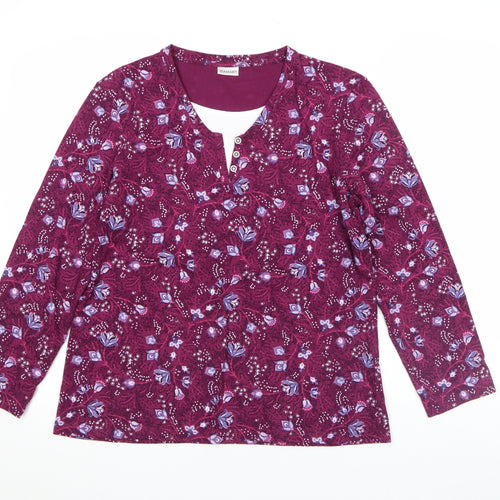 Damart Womens Purple Floral Long Sleeve V-Neck Cotton T-Shirt Size M