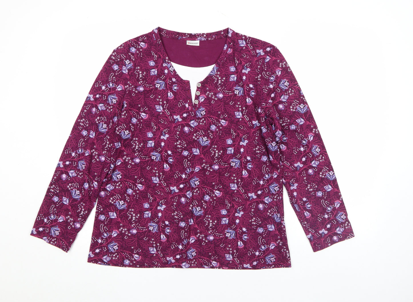 Damart Womens Purple Floral Long Sleeve V-Neck Cotton T-Shirt Size M