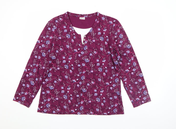 Damart Womens Purple Floral Long Sleeve V-Neck Cotton T-Shirt Size M