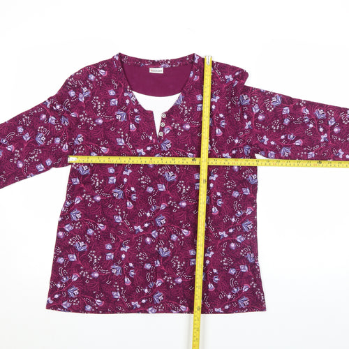 Damart Womens Purple Floral Long Sleeve V-Neck Cotton T-Shirt Size M