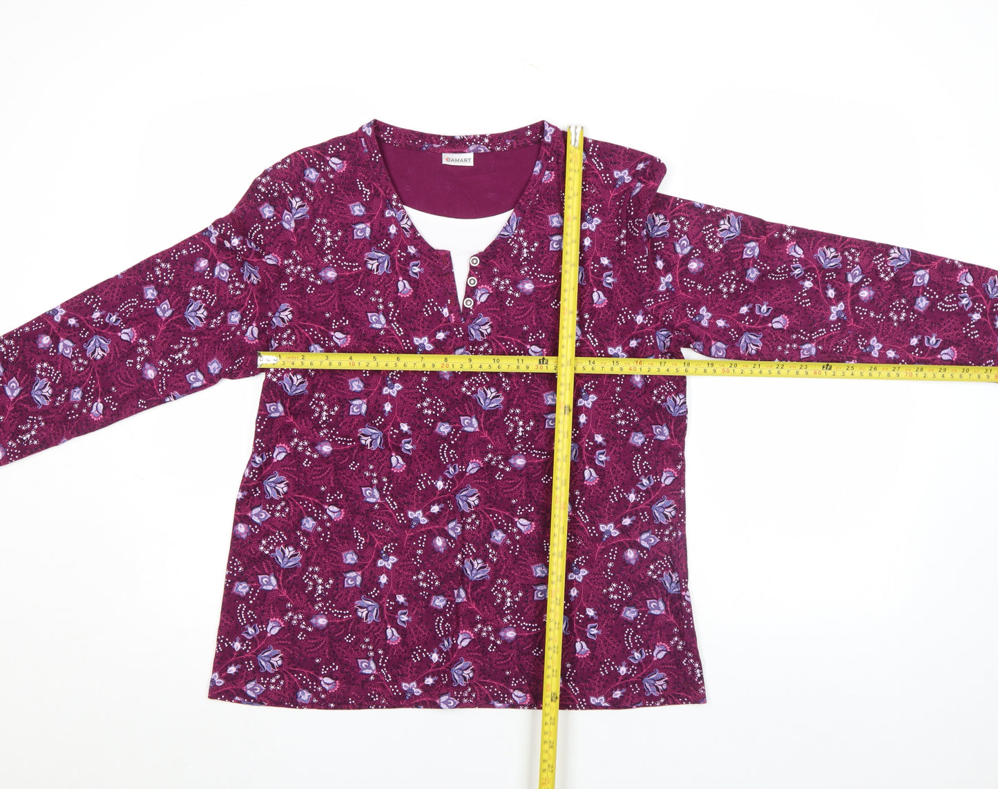 Damart Womens Purple Floral Long Sleeve V-Neck Cotton T-Shirt Size M