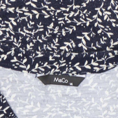 M&Co Women's Blue Floral 3/4 Sleeve V-Neck Tunic Blouse Size 14