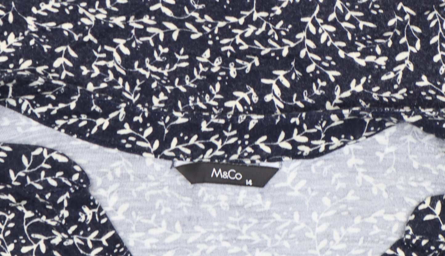 M&Co Women's Blue Floral 3/4 Sleeve V-Neck Tunic Blouse Size 14