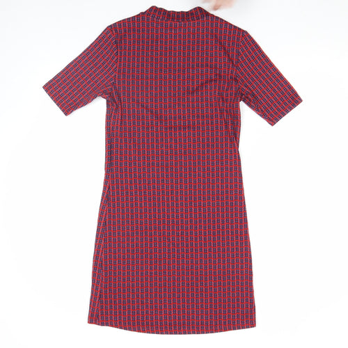 Topshop Women's Red Check Mock Neck Shift Dress Size 8