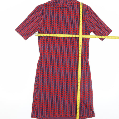 Topshop Women's Red Check Mock Neck Shift Dress Size 8