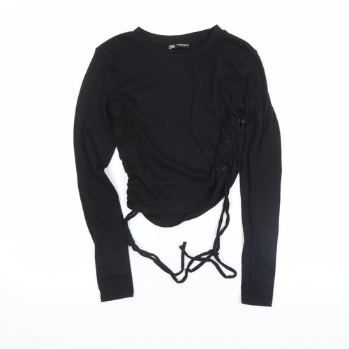 ZARA Womens Black Cropped Long Sleeve Ribbed Drawstring Top Size M