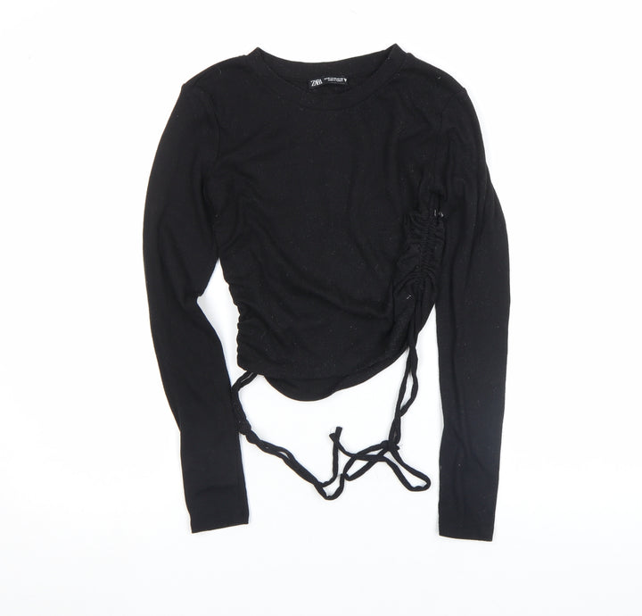 ZARA Womens Black Cropped Long Sleeve Ribbed Drawstring Top Size M
