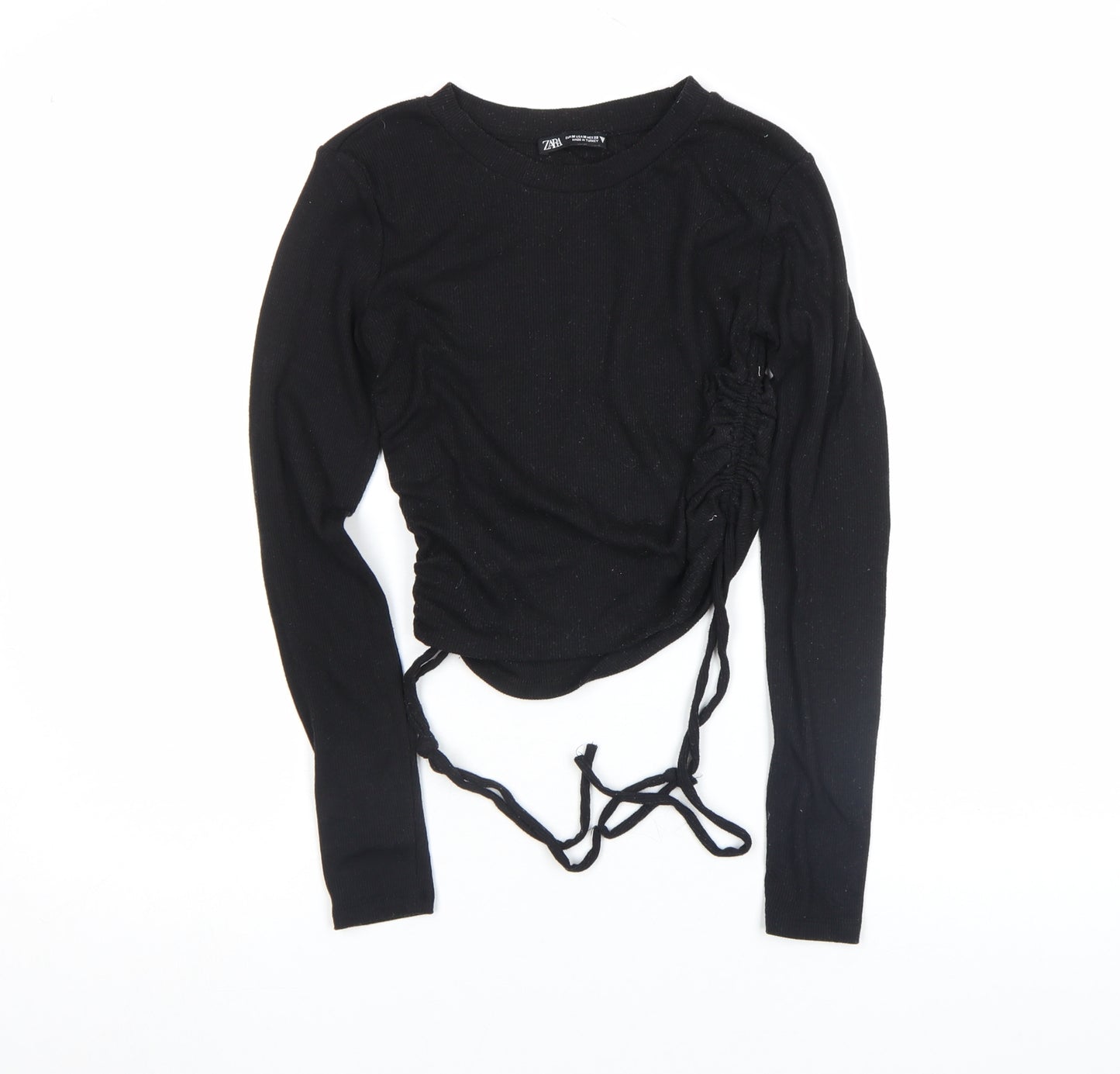 ZARA Womens Black Cropped Long Sleeve Ribbed Drawstring Top Size M