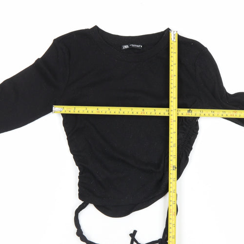 ZARA Womens Black Cropped Long Sleeve Ribbed Drawstring Top Size M