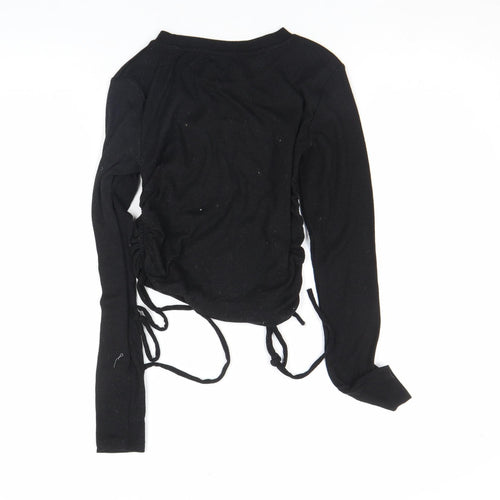 ZARA Womens Black Cropped Long Sleeve Ribbed Drawstring Top Size M