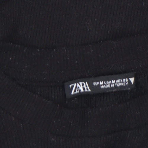ZARA Womens Black Cropped Long Sleeve Ribbed Drawstring Top Size M