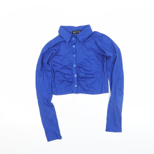 Motel Women's Blue Cropped Button-Up Long Sleeve Collared Shirt 2XS