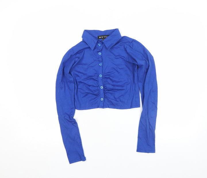 Motel Women's Blue Cropped Button-Up Long Sleeve Collared Shirt 2XS