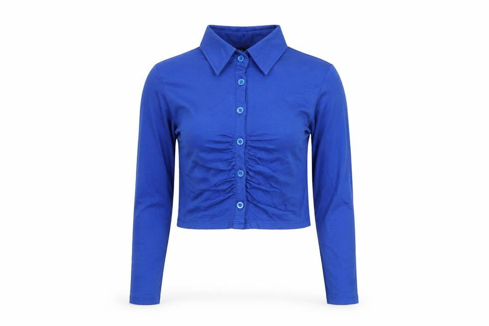 Front view of Motel Rocks Women's Blue Cropped Button-Up Long Sleeve Collared Shirt 2XS