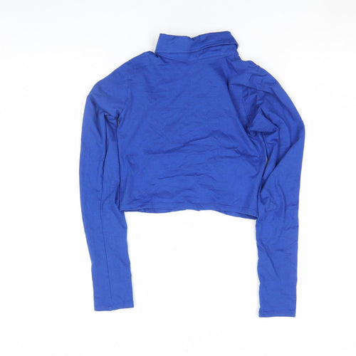 Motel Women's Blue Cropped Button-Up Long Sleeve Collared Shirt 2XS