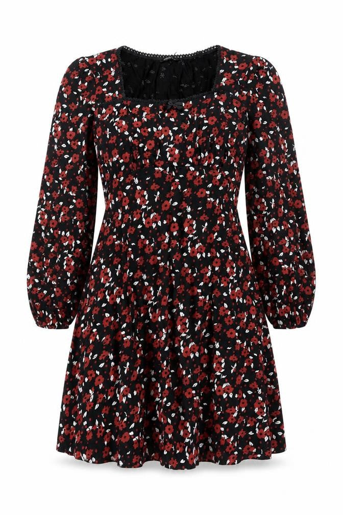 Roman Women’s Black Floral Fit & Flare Dress Size 10 Long Sleeve